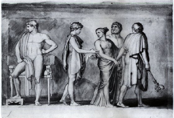 Briseis taken from Achilles. Illustration by John Flaxman for Pope's translation of The Iliad, 1805. photo reproduction by Bibi Saint-Pol on Wikimedia Commons